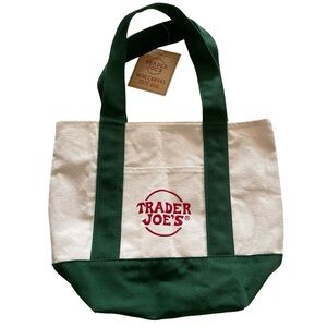 Trader Joe’s Mini Tote Bag Hunter Green Embroidered Red Logo Cream New NWT